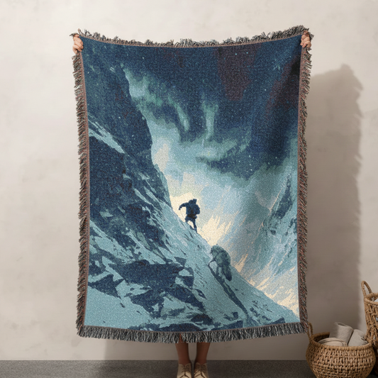 Snowy Mountain Adventure Woven Blanket, Home Decor Tapestry, Traveler Gift, Alpine Scene Throw, Cozy Couch Cover, Nature Lover Present