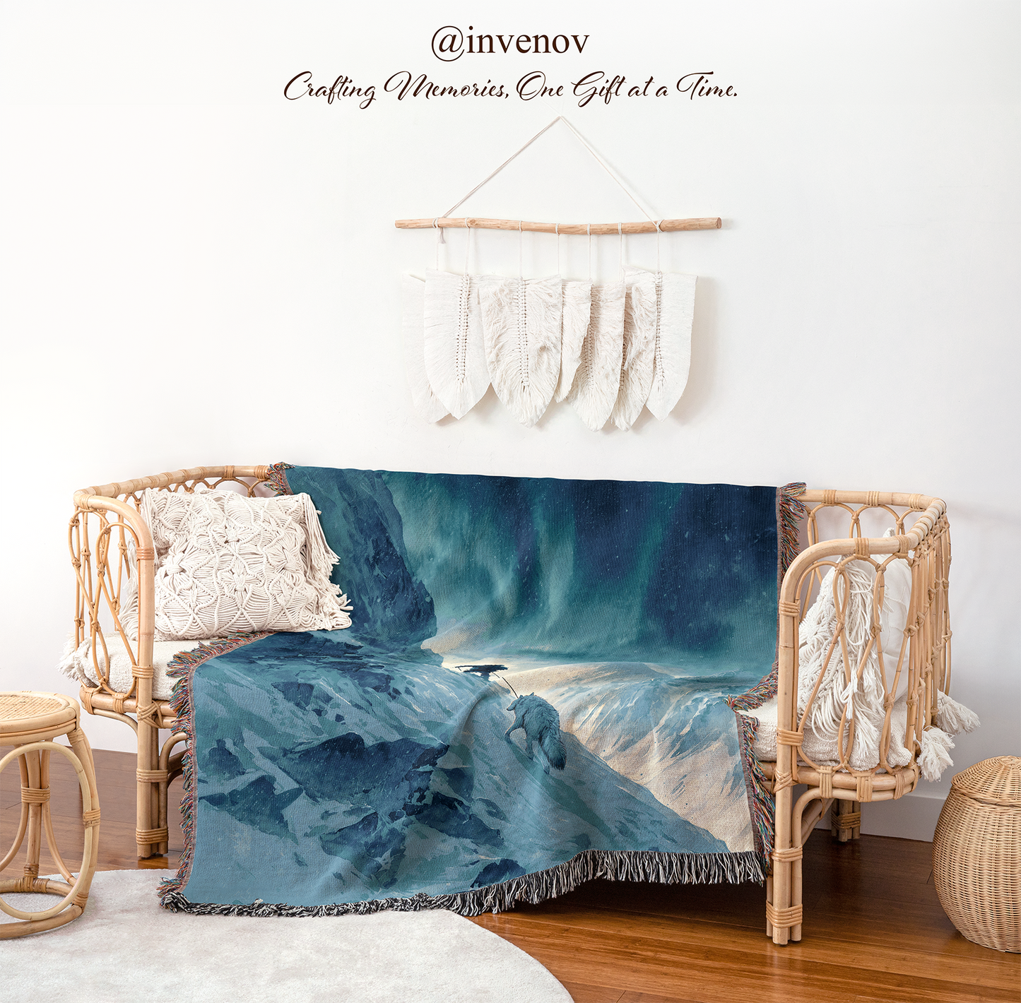 Blue patterned blanket draped over a wicker chair