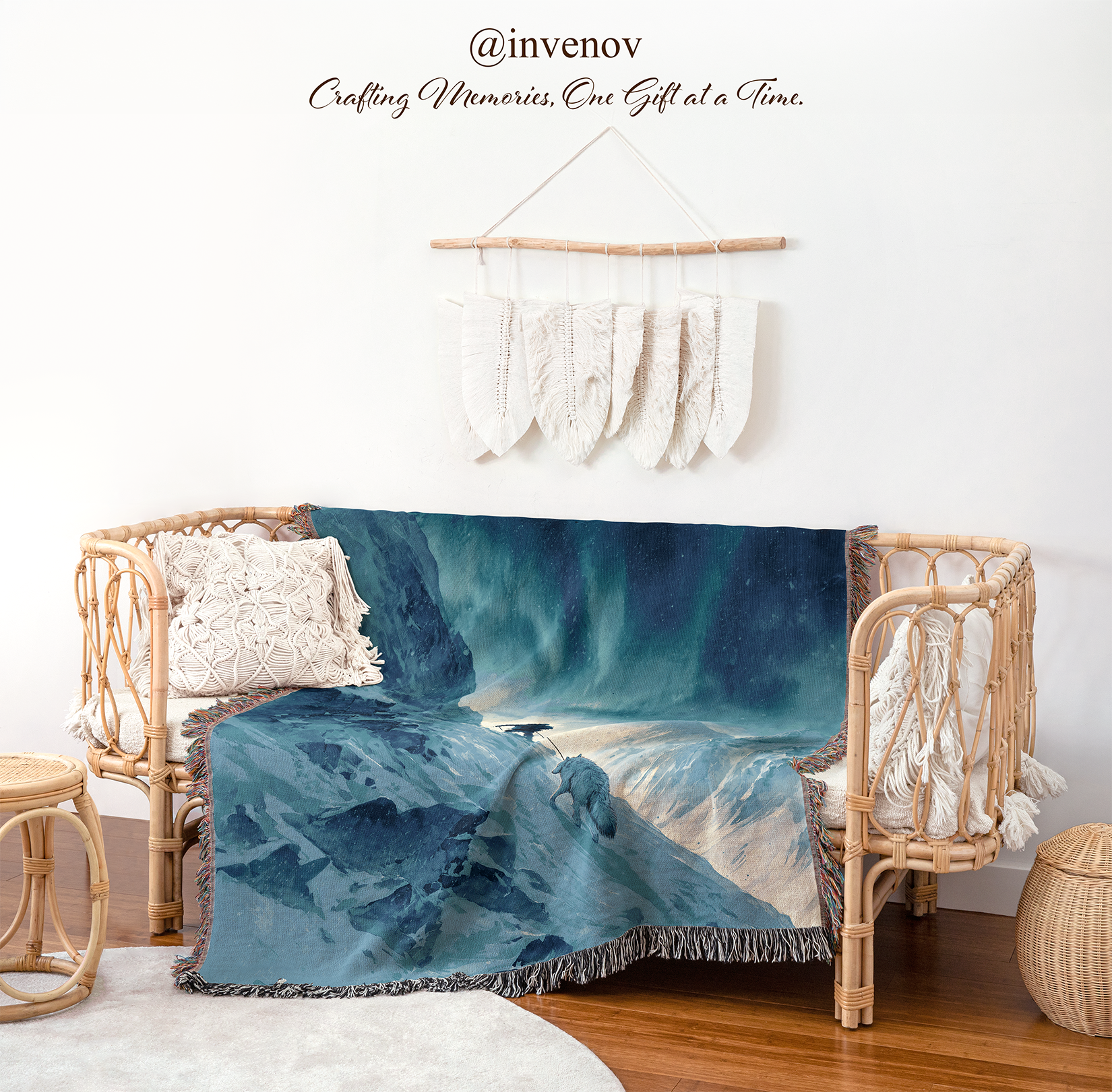 Blue patterned blanket draped over a wicker chair