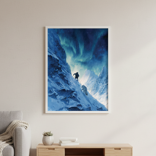 Aurora Mountain Adventure Canvas or Poster Print, Explorer and Dog Under Northern Lights, Winter Wilderness Wall Art, Watercolor Style Print