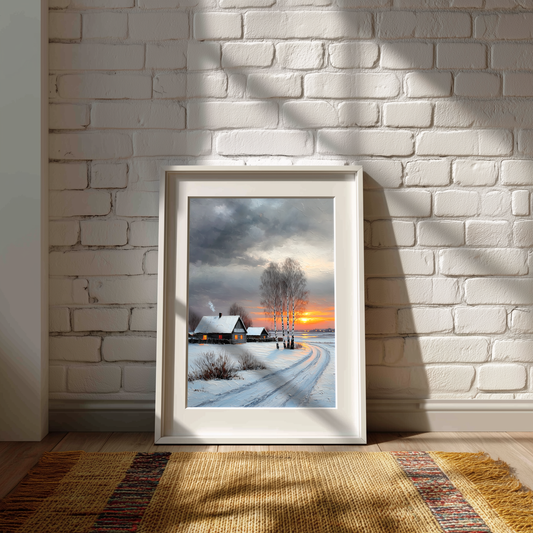 Winter Sunset Snowy Cottage Canvas Wall Art, Impasto Oil Painting Style Poster Print, Rustic Cabin Decor, Birch Trees Nature Print