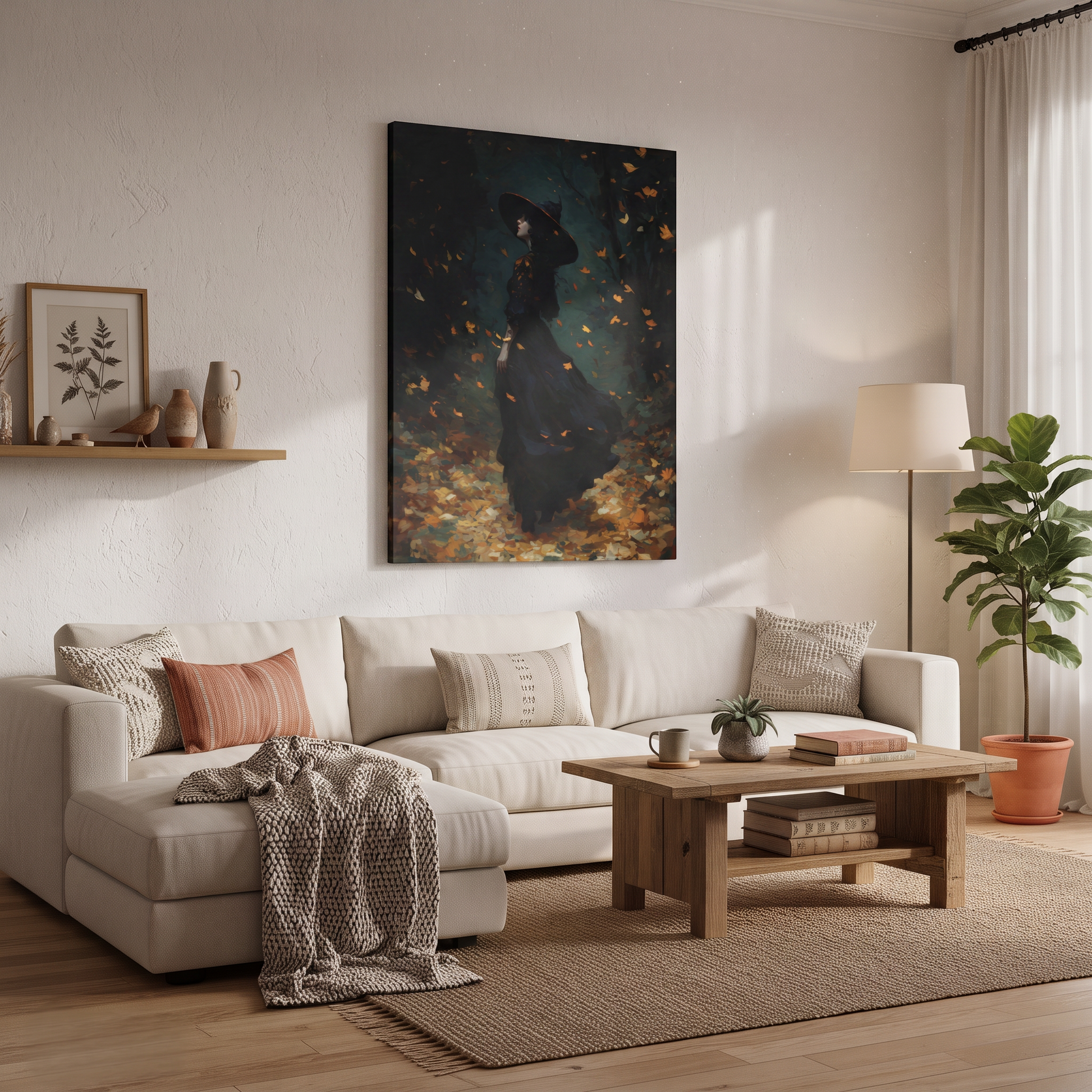 A large vertical canvas art print depicting a dark cloaked figure surrounded by falling leaves, displayed on a wall in a modern, sunlit living room with a beige sectional sofa and wooden coffee table.