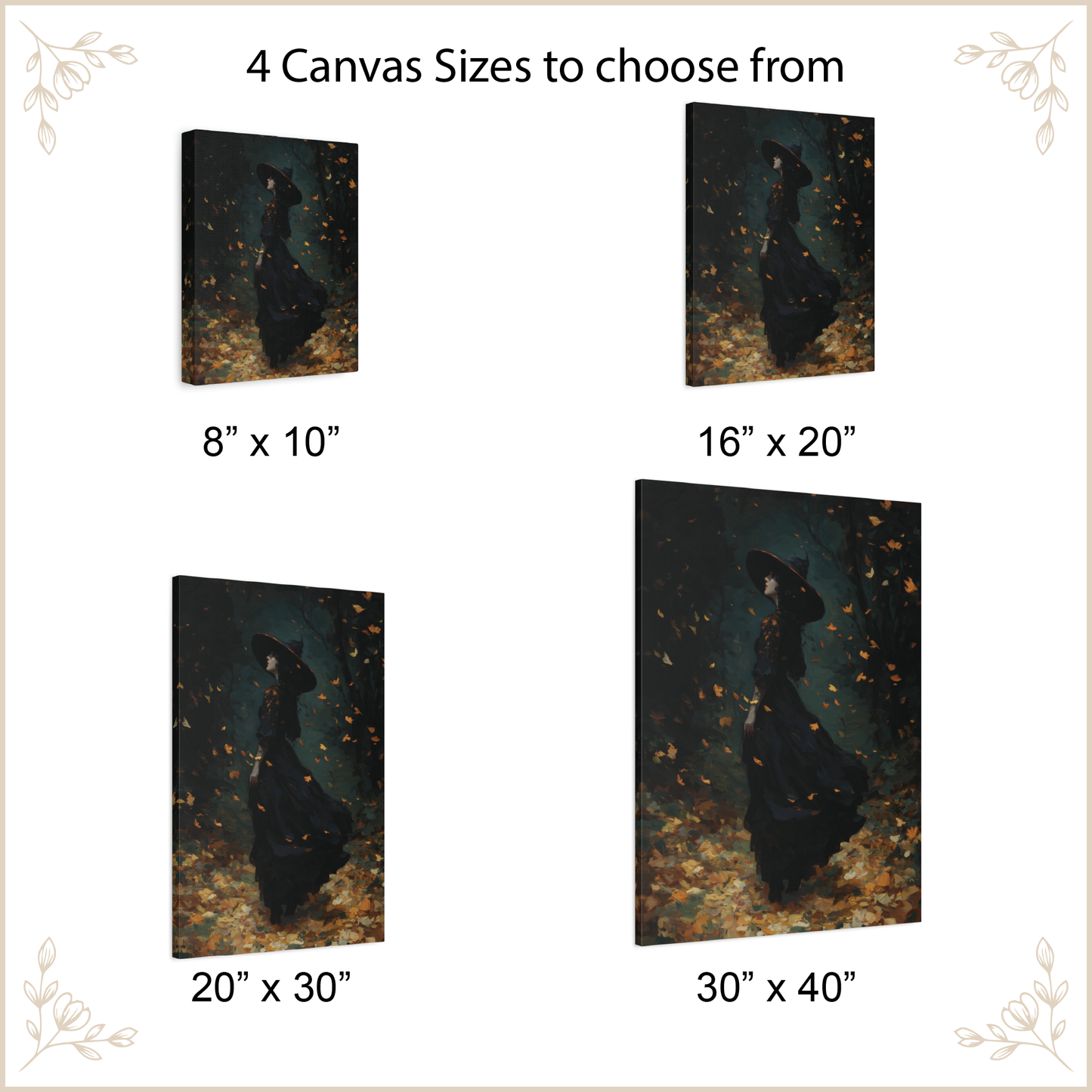 A size comparison graphic showing four canvas wall art prints with a dark figure and glowing orange leaves, labeled for different dimensions: 8" x 10", 16" x 20", 20" x 30", and 30" x 40". Text at the top reads '4 Canvas Sizes to choose from' on a white background with decorative corner flourishes.