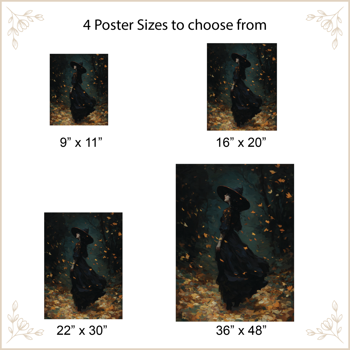 A size comparison chart showing four poster prints of the same artwork in different sizes: 9" x 11", 16" x 20", 22" x 30", and 36" x 48". The artwork depicts a woman in a long black dress standing in a dark forest with falling orange leaves.