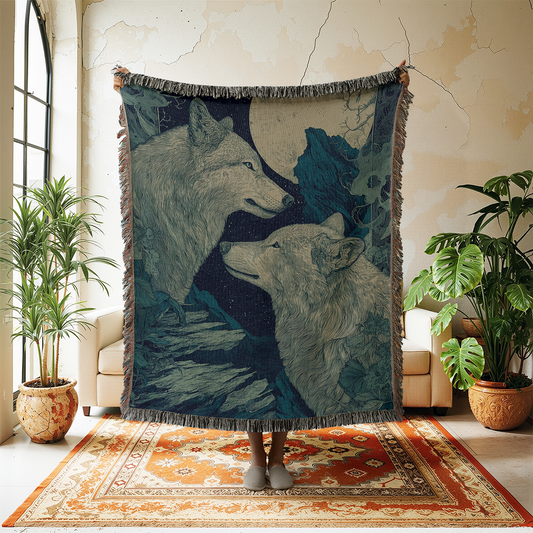 Wolf Couple Woven Blanket, Celestial Tapestry, Romantic Full Moon Art, Dark Cottagecore Jacquard Throw, Witchy Anniversary Wedding Gift