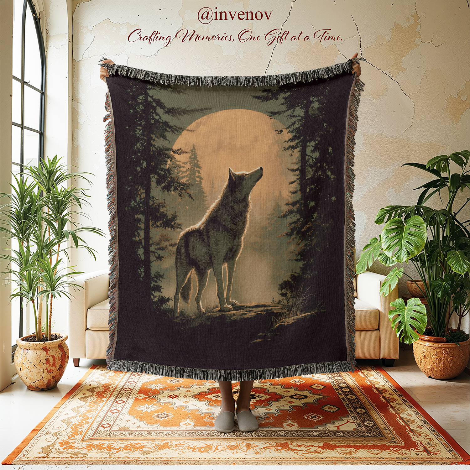 Throw blanket with wolf design draped over a person in a room with plants and a rug.