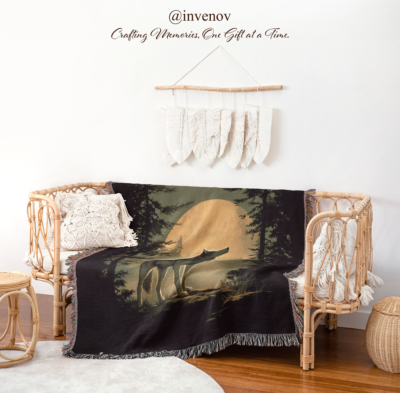 Blanket with nature design draped over a chair in a cozy room
