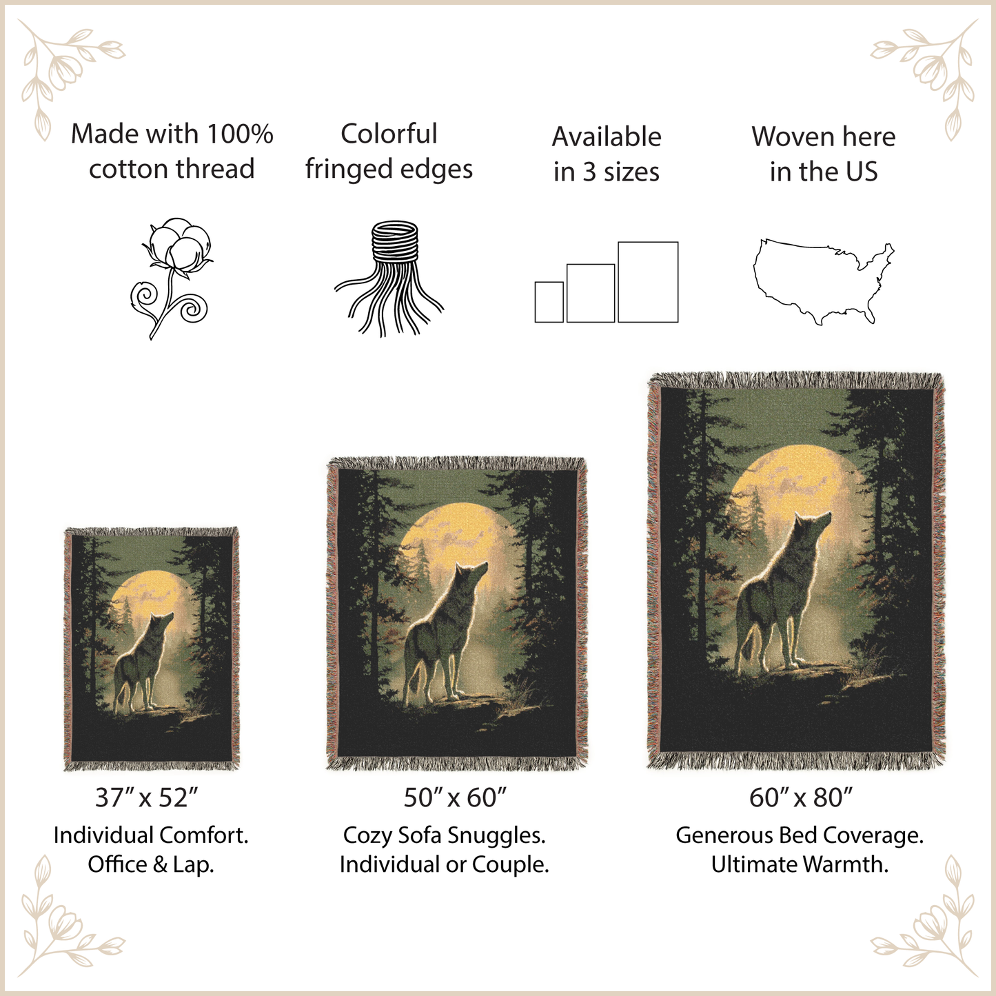 Wolf-themed woven blanket with different sizes and features listed on a beige background.