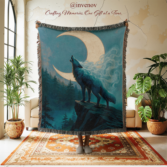 woven blanket with wolf designs
