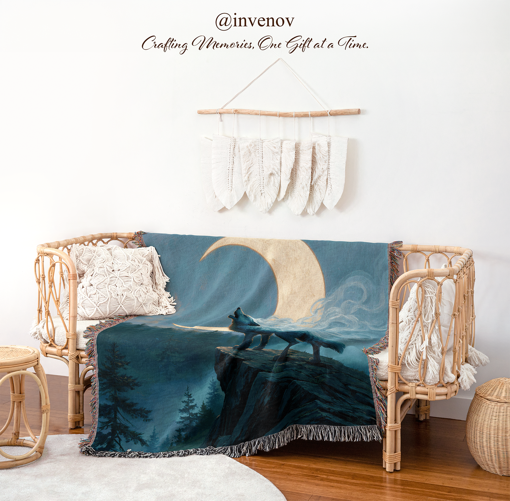 woven blanket with wolf designs