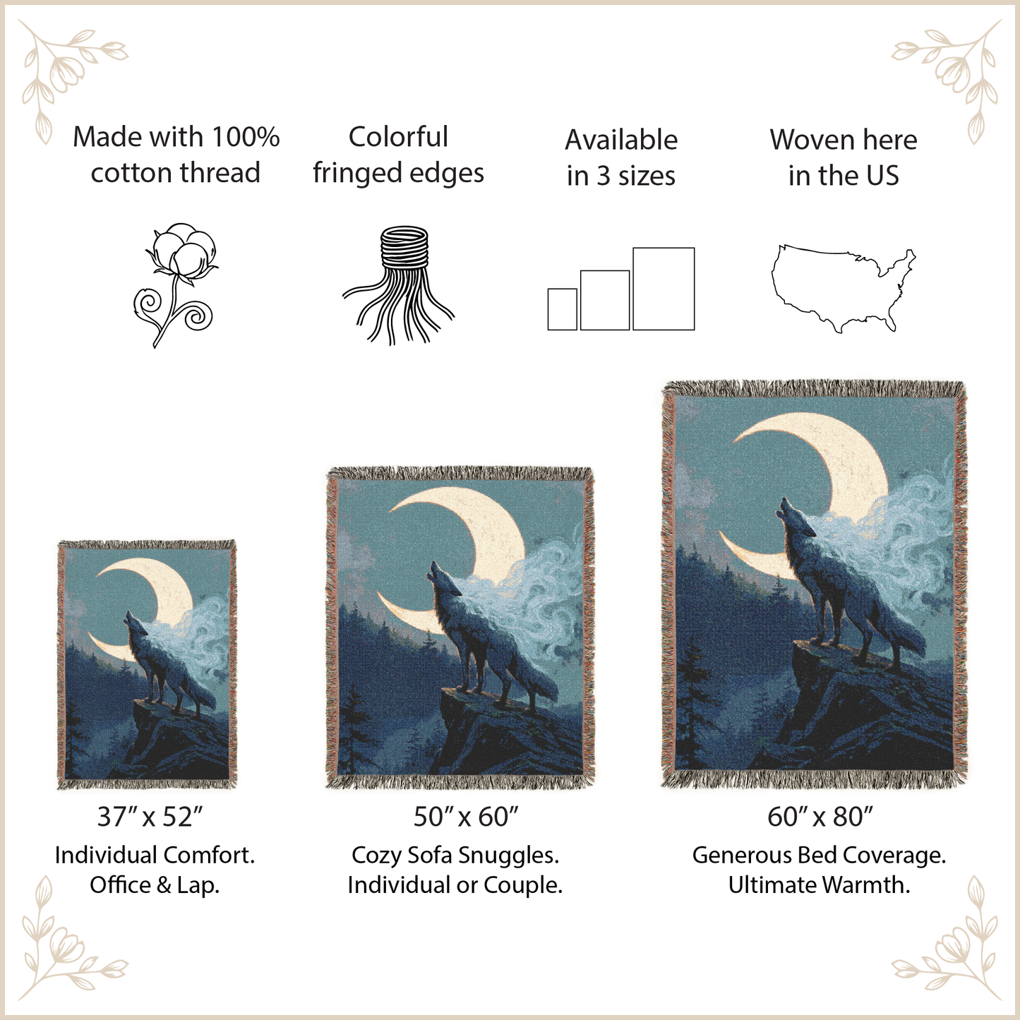 woven blanket with wolf designs with size options and features