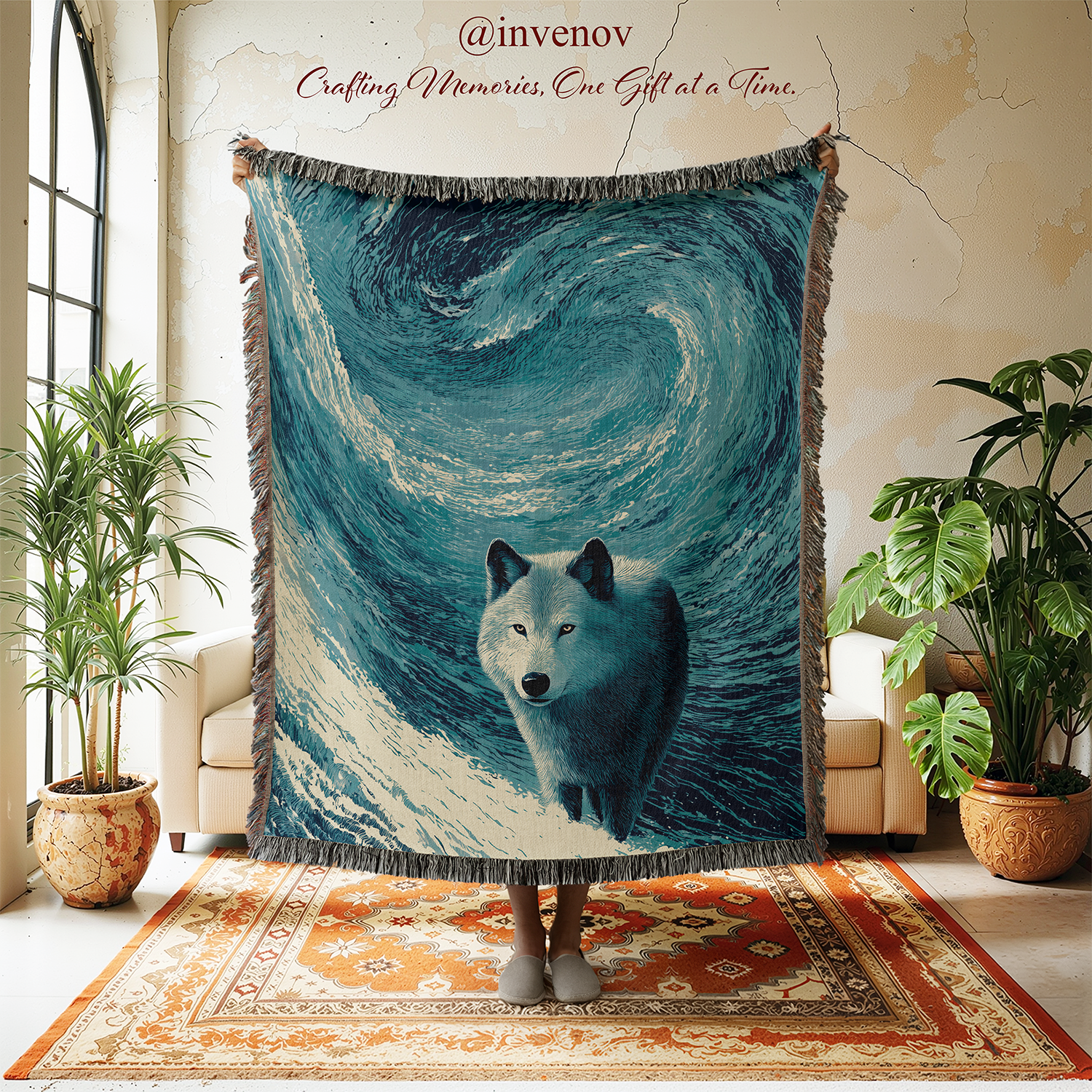 A large woven throw blanket with fringe is held up in a styled room. The blanket features a swirling blue and white ocean-wave design with a white wolf at the center.