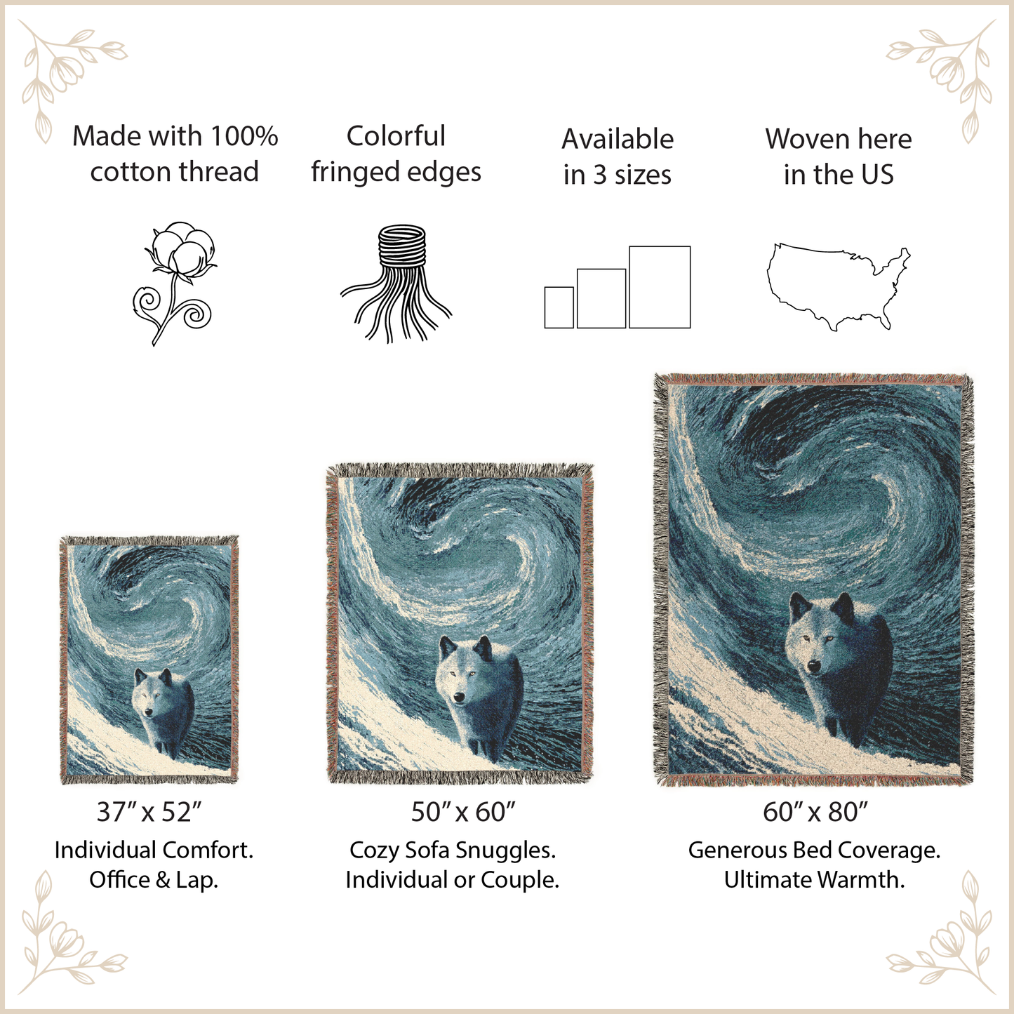 A product information graphic for a woven throw blanket featuring a wolf on a swirling blue and gray background. The image includes text callouts about 100% cotton thread, fringed edges, available sizes, and US weaving, with three blanket size examples labeled 37" x 52", 50" x 60", and 60" x 80".