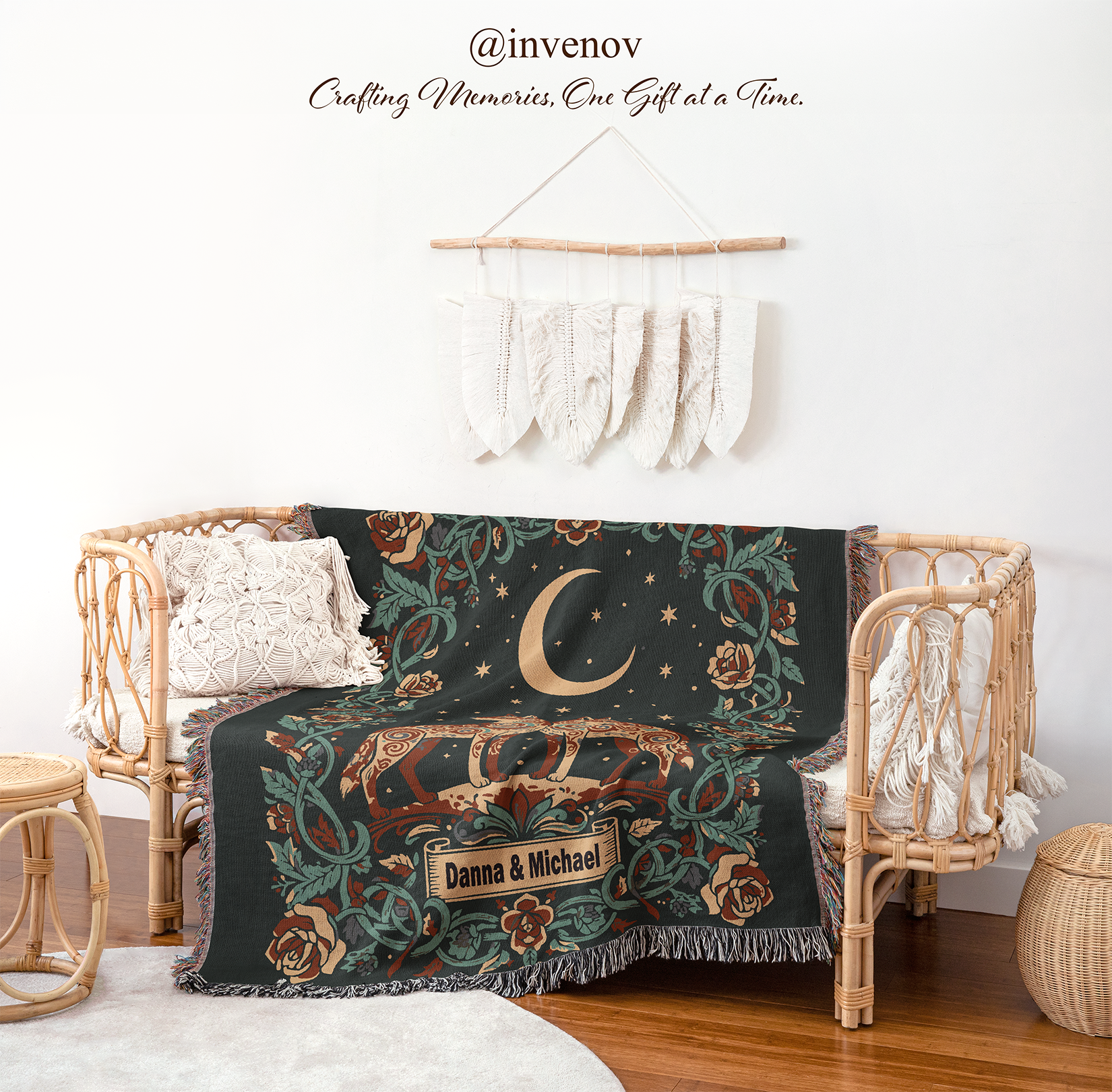 woven blanket with wolf designs