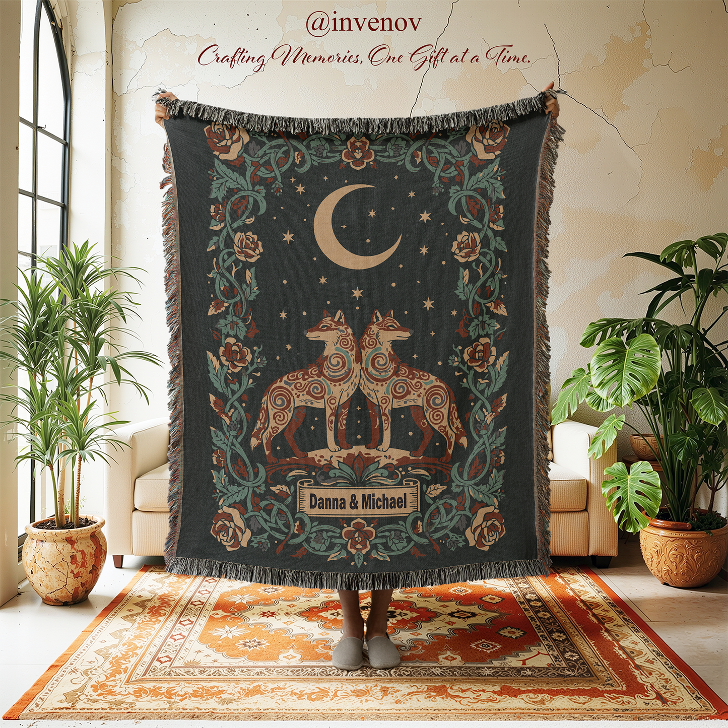 Decorative throw blanket with celestial design in a room with plants and furniture.