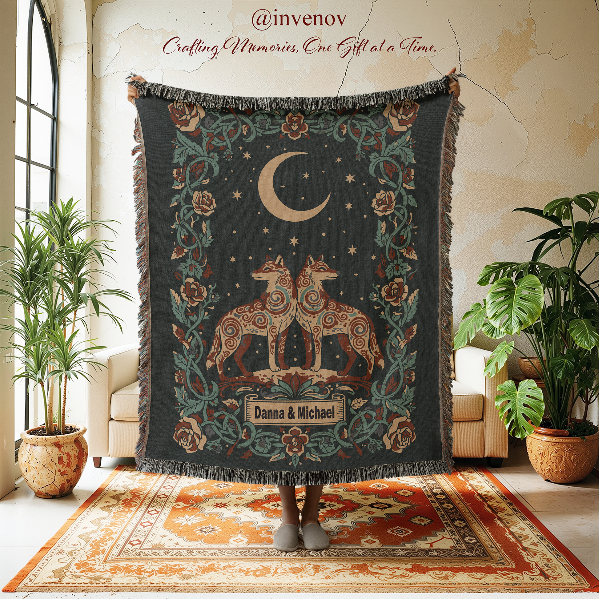 Decorative throw blanket with celestial design in a room with plants and furniture.