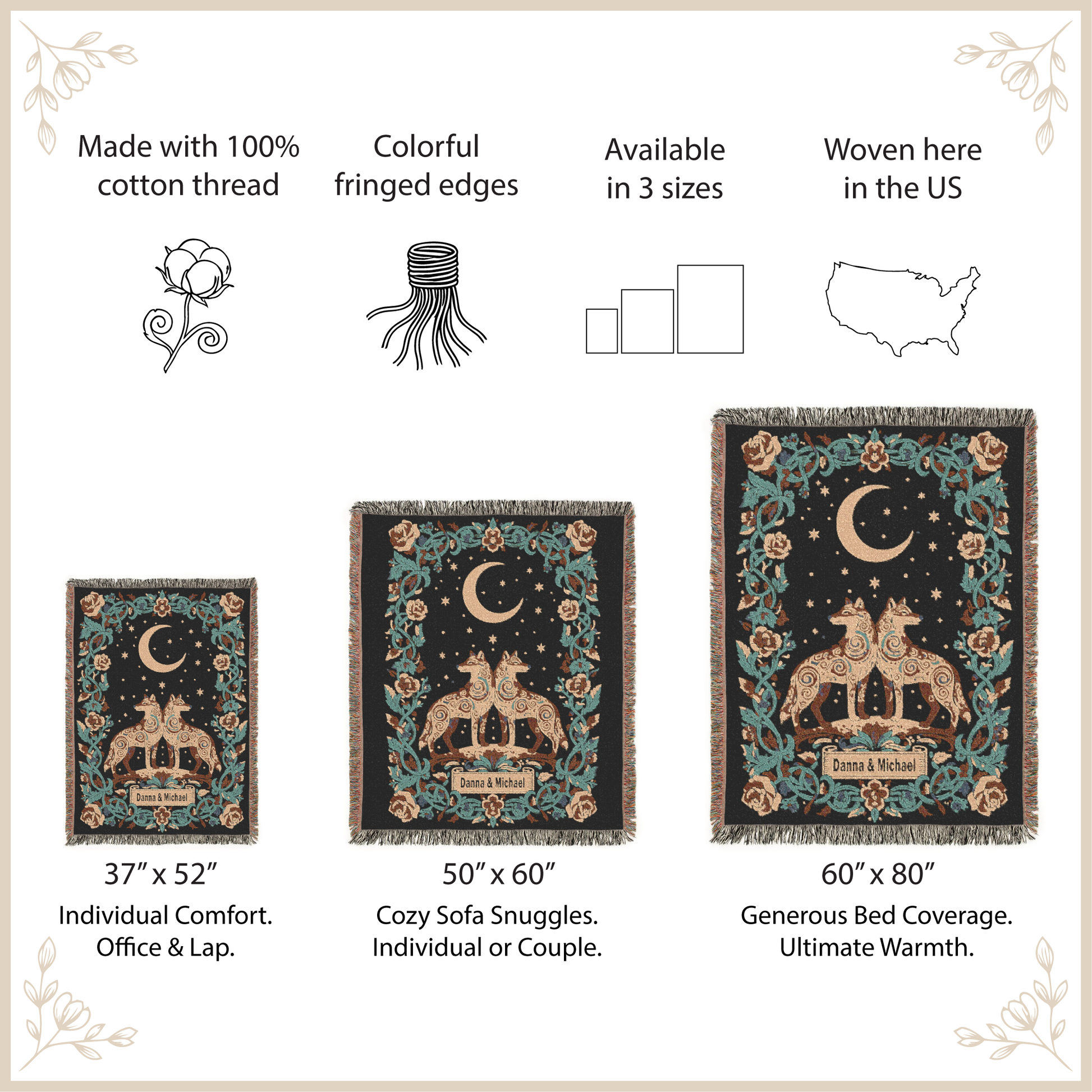 Decorative throw blanket with celestial design, size options, and features listed.
