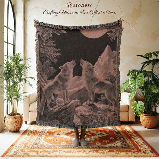 Woven blanket with wolf design in a room with plants and furniture