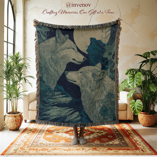 Wolf-themed tapestry in a room with plants and furniture.