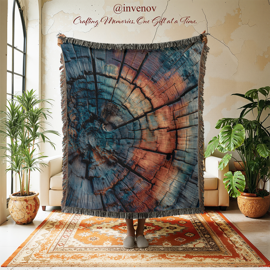 Woven blanket with tree ring design in a room with plants and furniture.