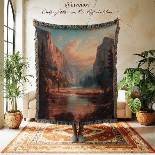 Tapestry of a mountain landscape in a room with plants and a rug.