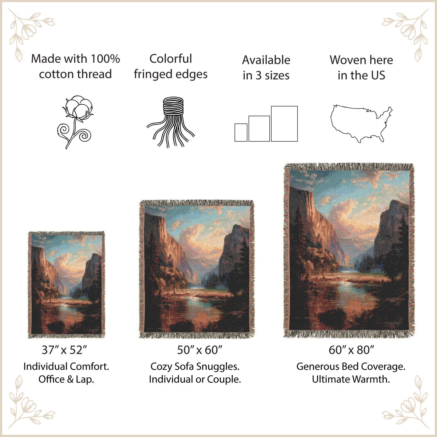Three sizes of a scenic blanket with mountain and lake design, accompanied by product details.