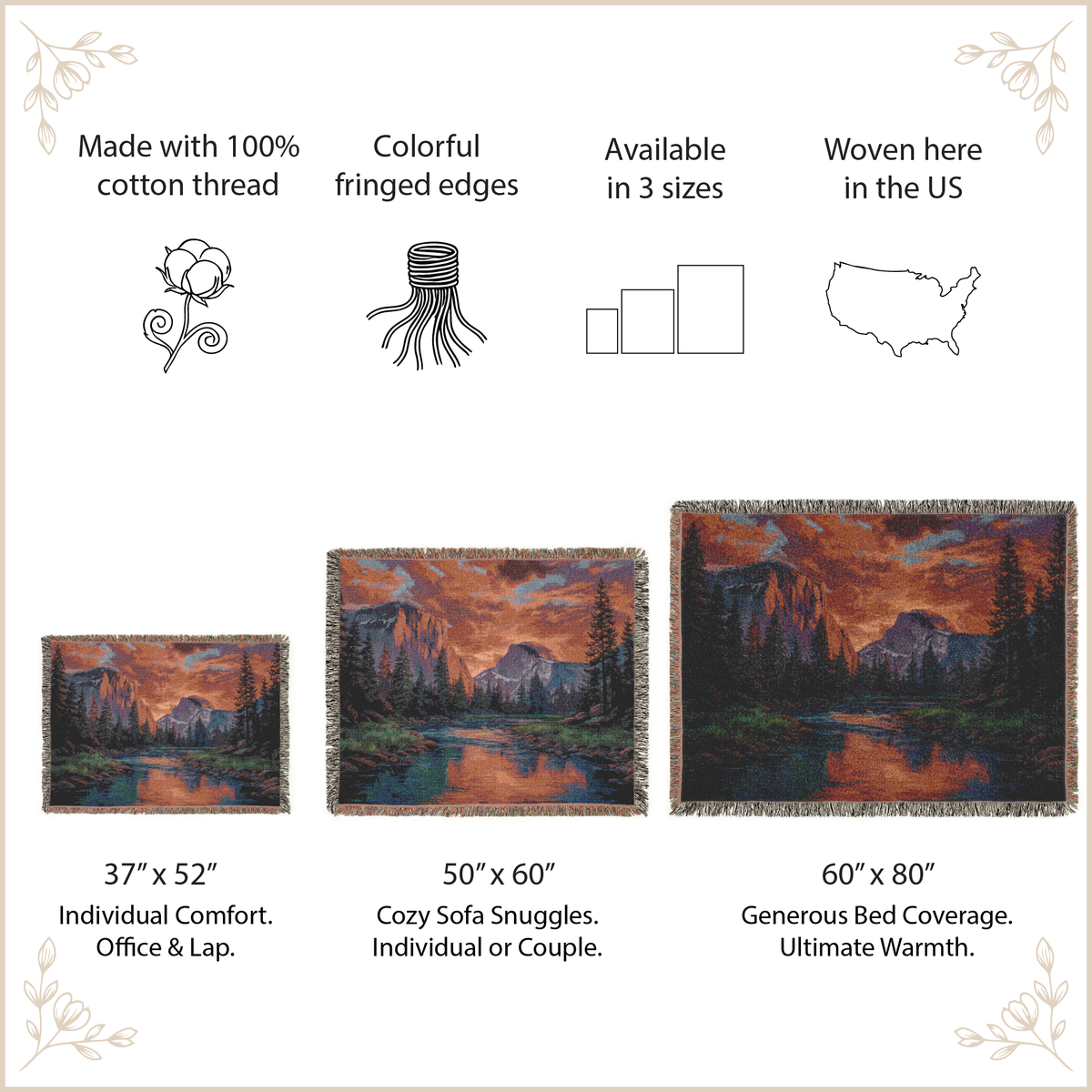 A product information graphic for a woven landscape throw blanket. The image features three size options (37" x 52", 50" x 60", and 60" x 80") with text labels and size icons, alongside feature callouts such as 'Made with 100% cotton thread', 'Colorful fringed edges', 'Available in 3 sizes', and 'Woven here in the US'.