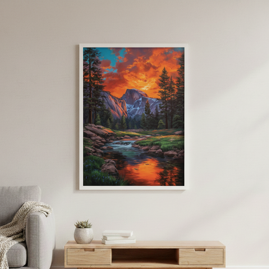 Yosemite Half Dome Canvas or Poster Print, Sunset Landscape Wall Art, Forest River Canvas, Mountain Home Decor, Gift for Hiker