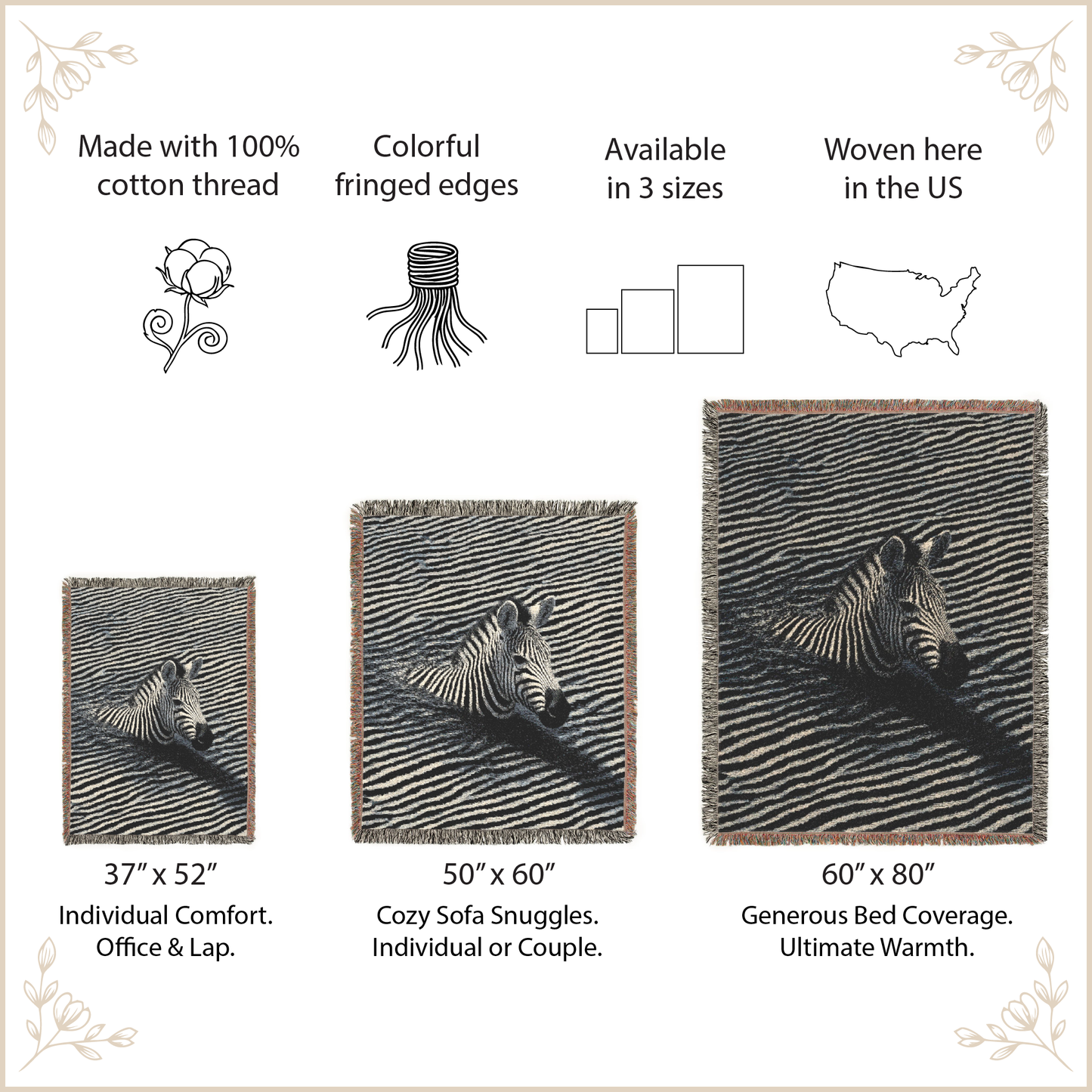 A product information graphic for a woven zebra-patterned blanket or throw. The image shows three size variants with dimensions labeled: 37" x 52" for individual comfort, 50" x 60" for cozy sofa snuggles, and 60" x 80" for generous bed coverage.