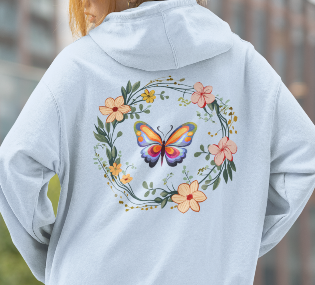 Flower Wreath Hoodie, Butterfly Hoodie, Winter Hoodie, Spring Hoodie, Spring Wreath Hoodie, Spring Leaf Hoodie, Butterfly Wreath Hoodie