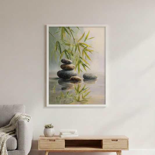 Zen Bamboo and Stones Canvas or Poster Print, Spa Bathroom Decor, Tranquil Nature Wall Art, Minimalist Asian-Inspired Poster