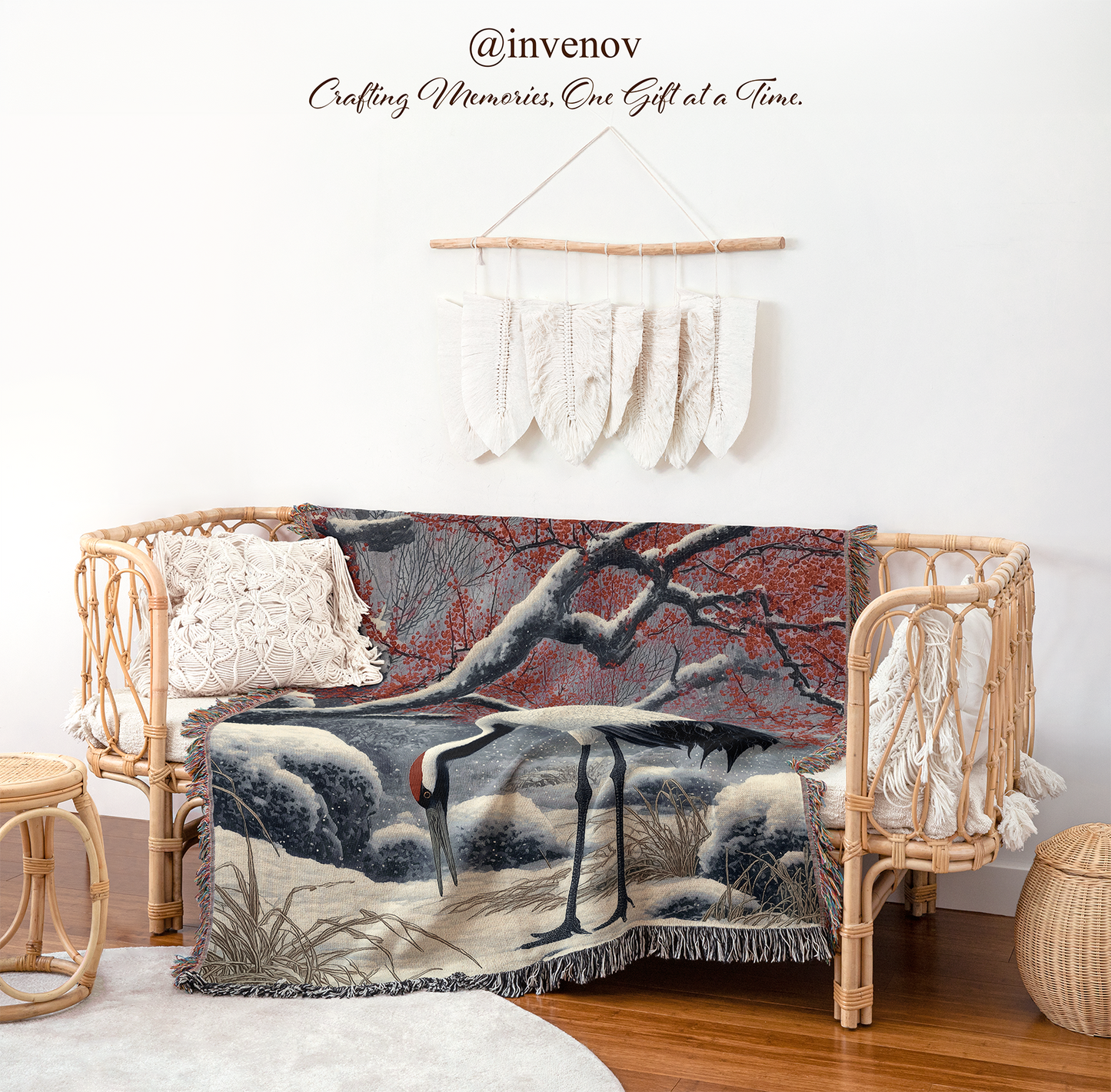 Decorative blanket with nature design on a wicker chair