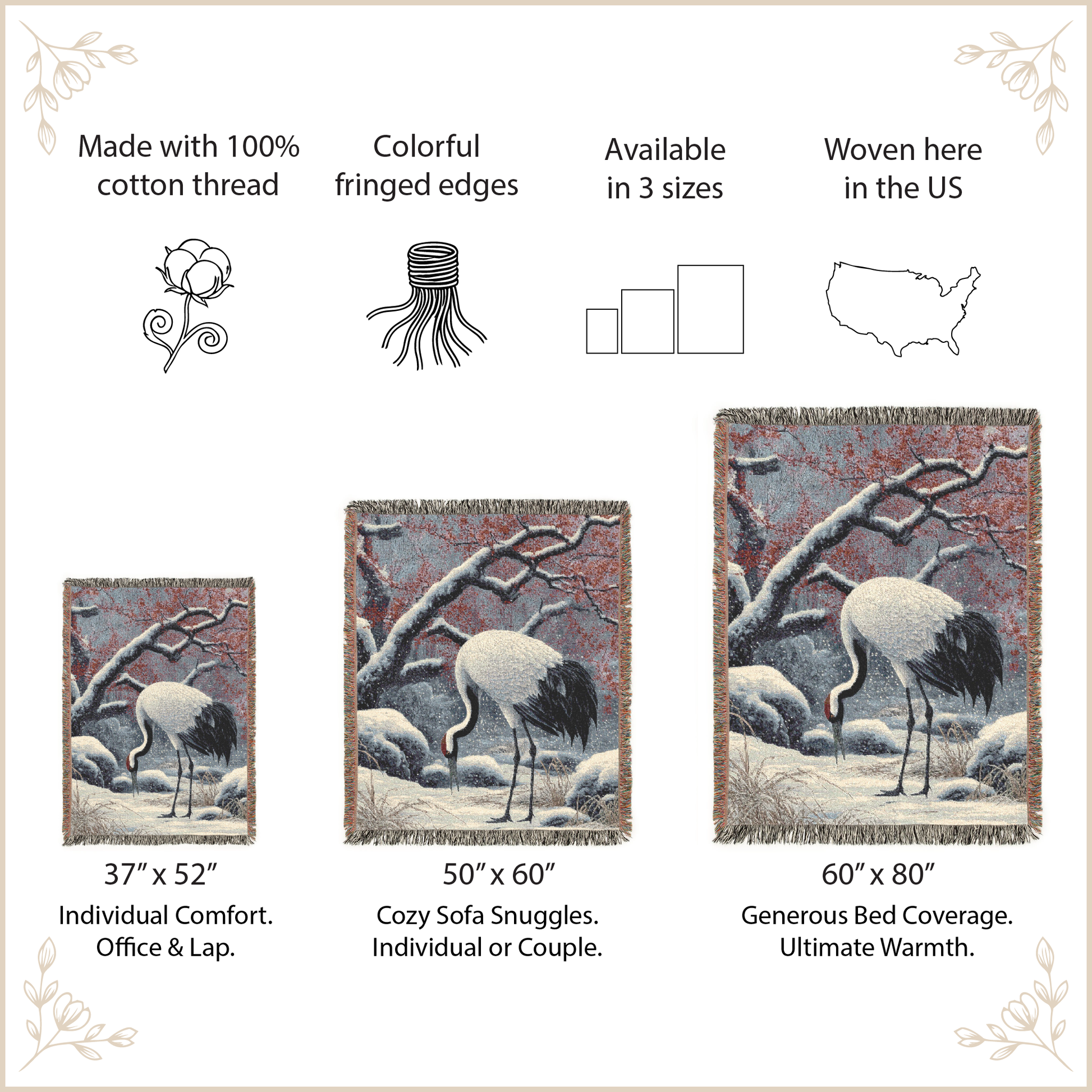 Woven blanket with crane design, featuring size options and product details.