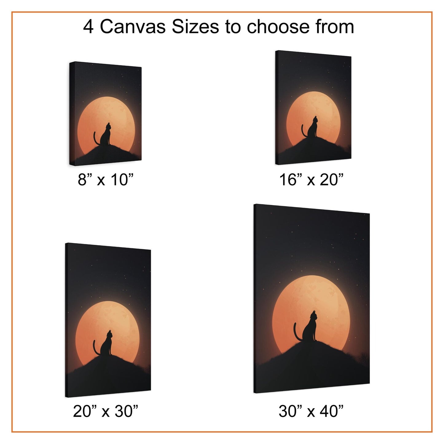 Canvas prints of a silhouette against an orange sunset with available sizes displayed.